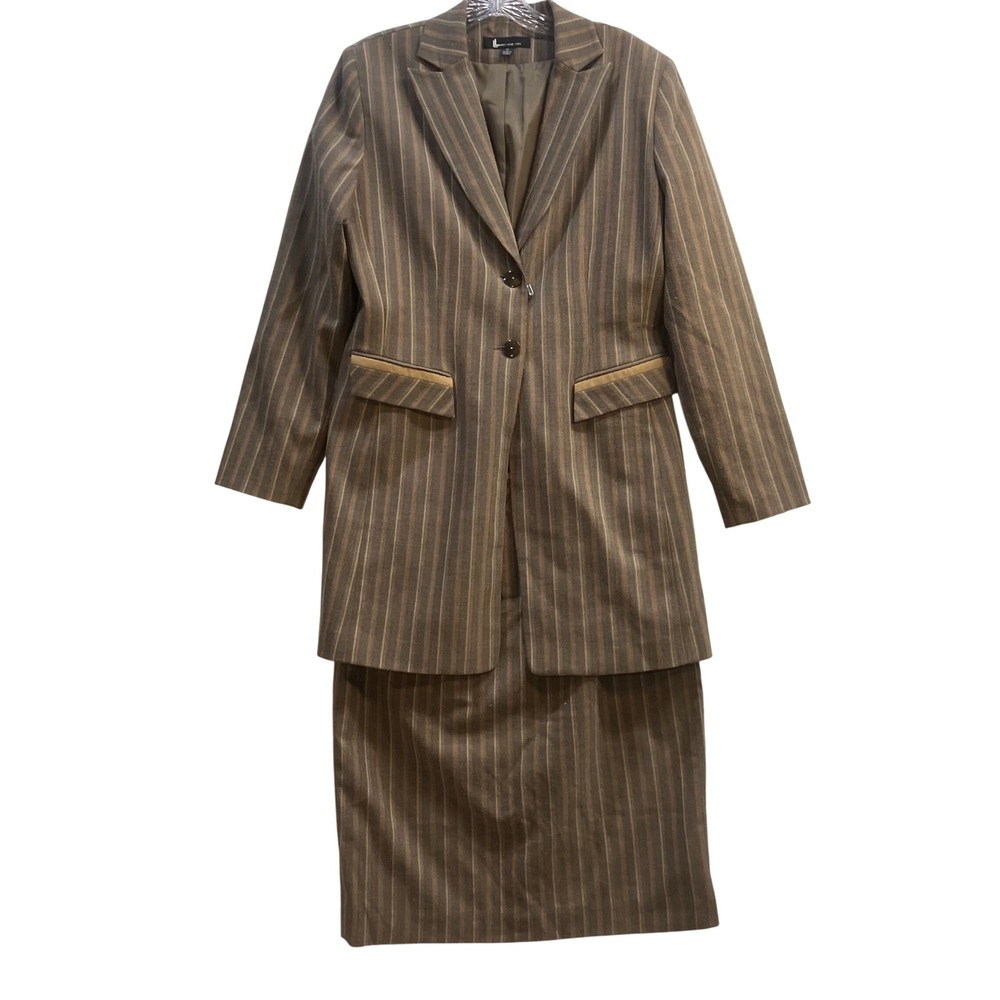 Larry Levine Suits Brown Pinstripe Skirt Suit Set 12 Blazer Pencil Skirt Vintage